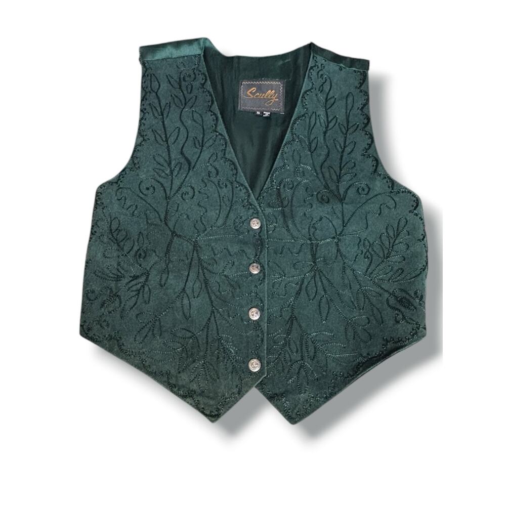 Vintage Scully Western Embroidered Leather Vest Green Suede Boho Cowgirl Small